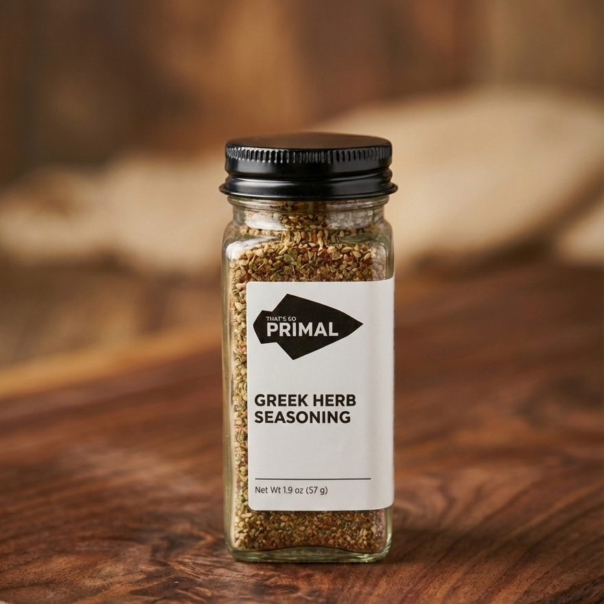 Label for That's So Primal Greek Herb Seasoning. Ingredients listed are Salt, Paprika, Black Pepper, Garlic Powder, Oregano, Onion Powder. Net Wt 2.0 oz (57g).