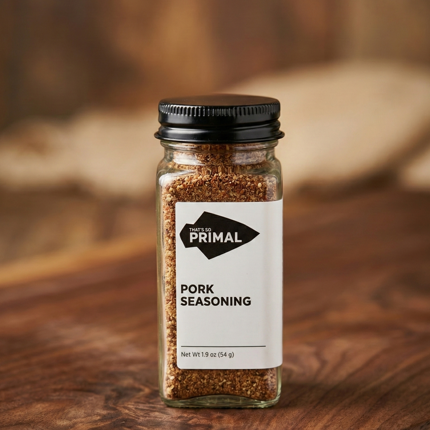 Label for That's So Primal Pork Seasoning. Ingredients listed are Brown Sugar, Black Pepper, Garlic Powder, Paprika, Onion Powder. Net Wt 1.9 oz (54g).