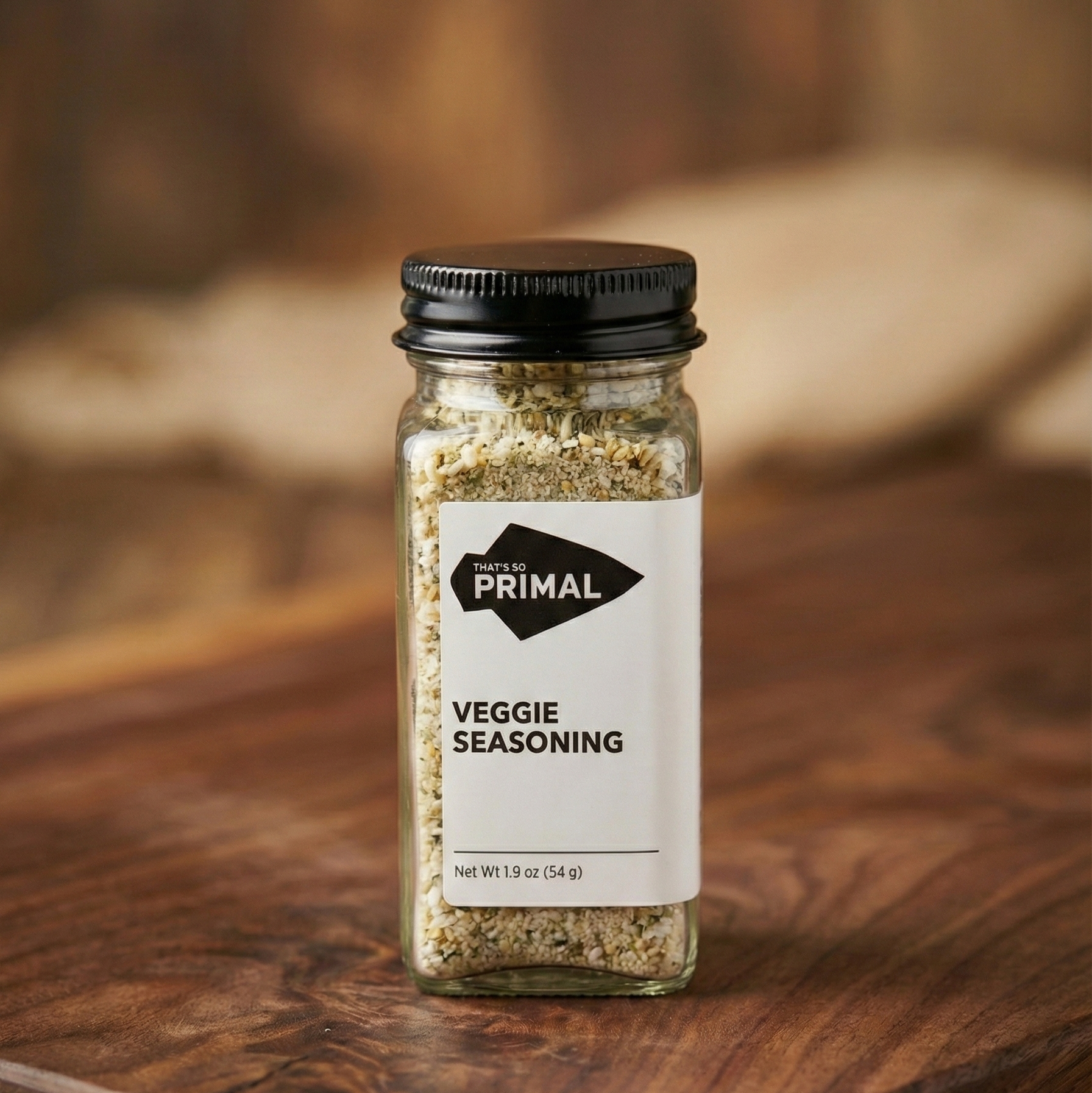 Label for That's So Primal Veggie Seasoning. Ingredients listed are Salt, Paprika, Garlic Powder, Black Pepper. Net Wt 2.9 oz (82g).