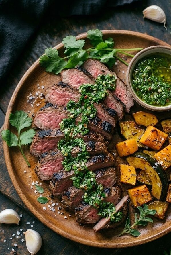 plate with chimichurri on top of trip with a side of roasted squash