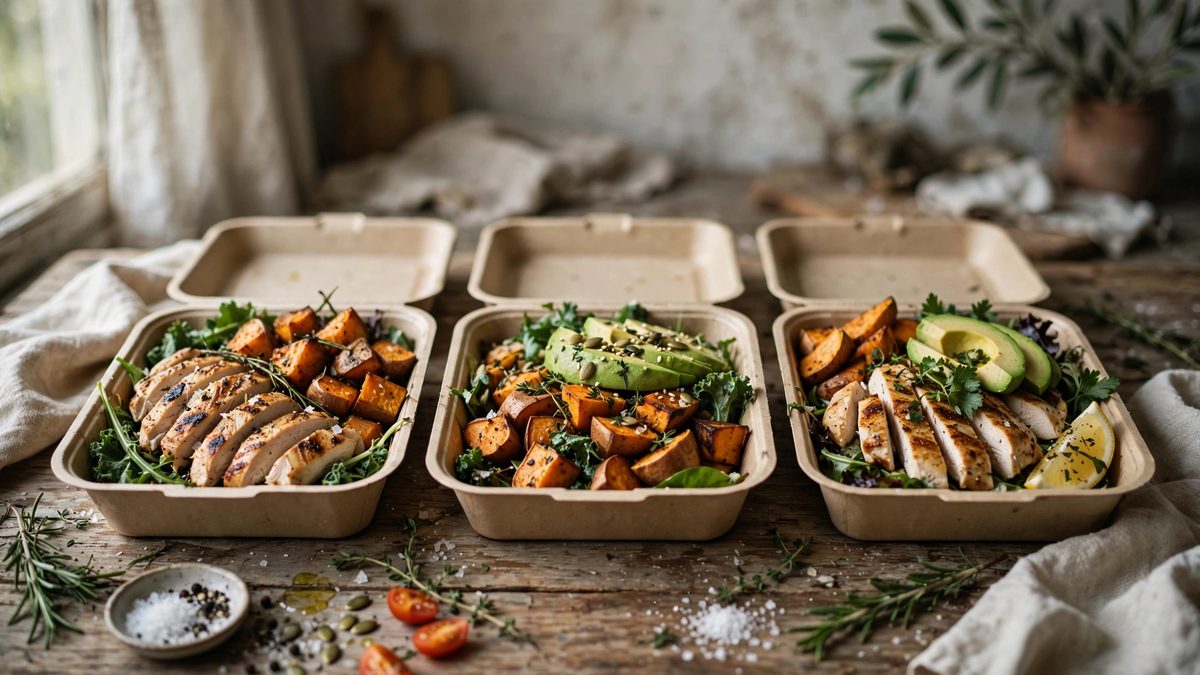 Prepared paleo meals in delivery containers on a rustic wooden table