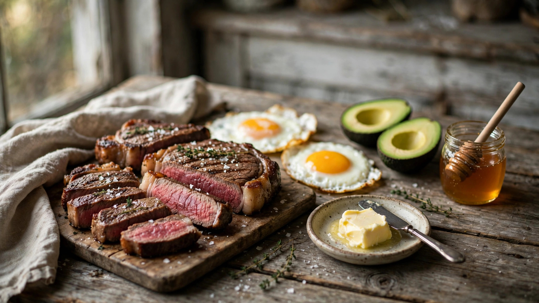 Sliced medium-rare steak, fried eggs, avocado, butter, and honey on a rustic wooden table
