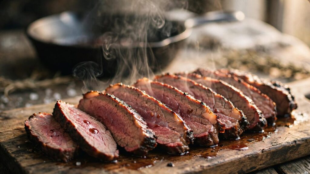 Sliced smoked skirt steak with smoke ring on a wooden cutting board