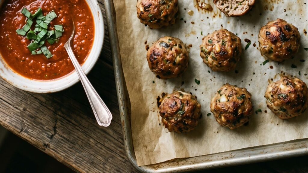 Baked meatballs on a parchment-lined sheet pan next to a bowl of marinara sauce